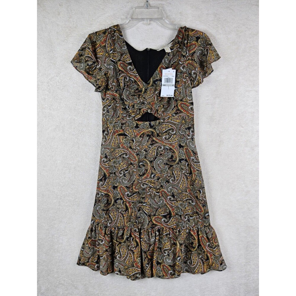 Michael Kors MK Women’s Cut Out Short Sleeve Paisley V Neck Ruffle Dress Size 0